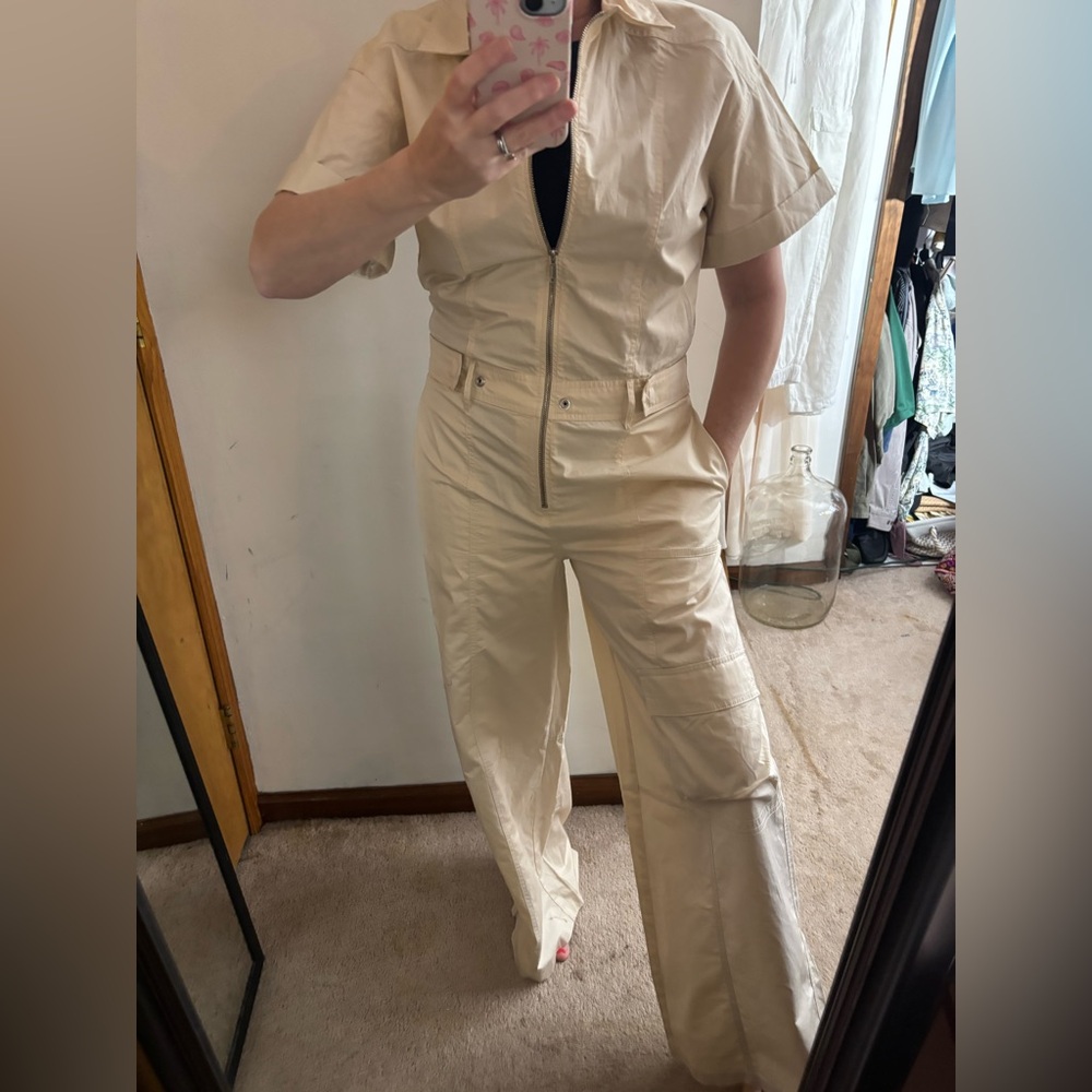 ZARA NWOT Women's Beige Cotton Cargo Utility Wide Leg Zip Jumpsuit - Picture 10 of 14